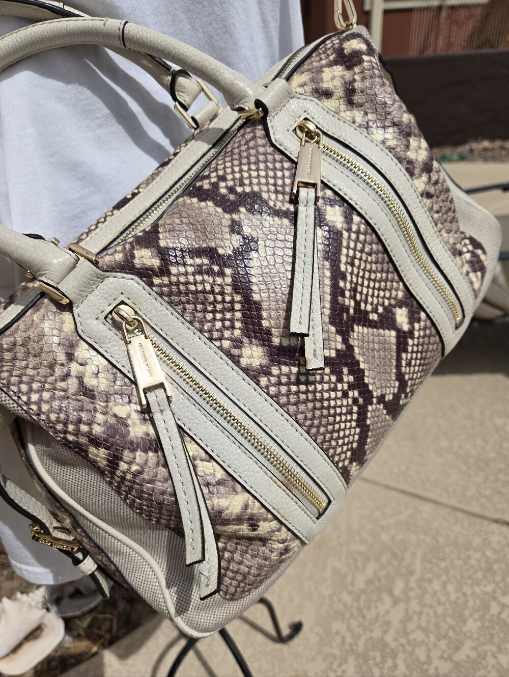 Michael Kors Large Julia Python-Print Satchel in Cream and Taupe